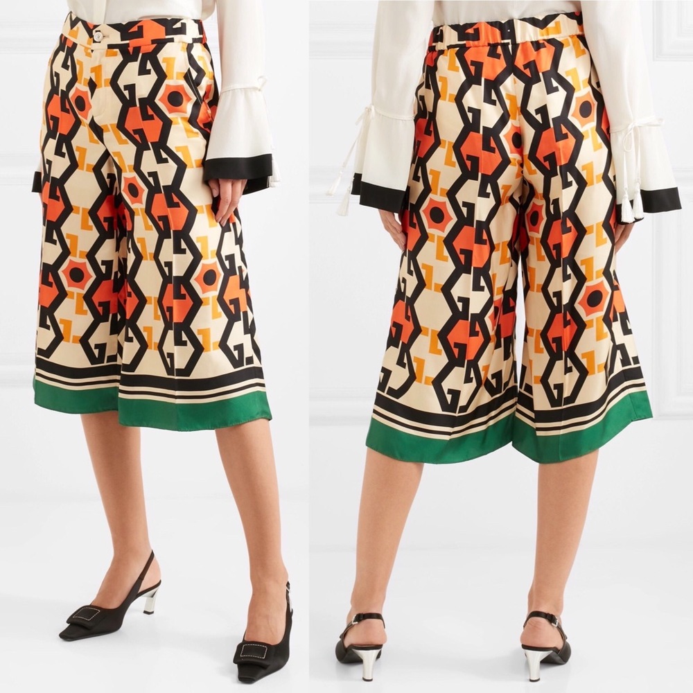 Gucci Printed Silk-Twill Culottes Wide Leg GG 36
